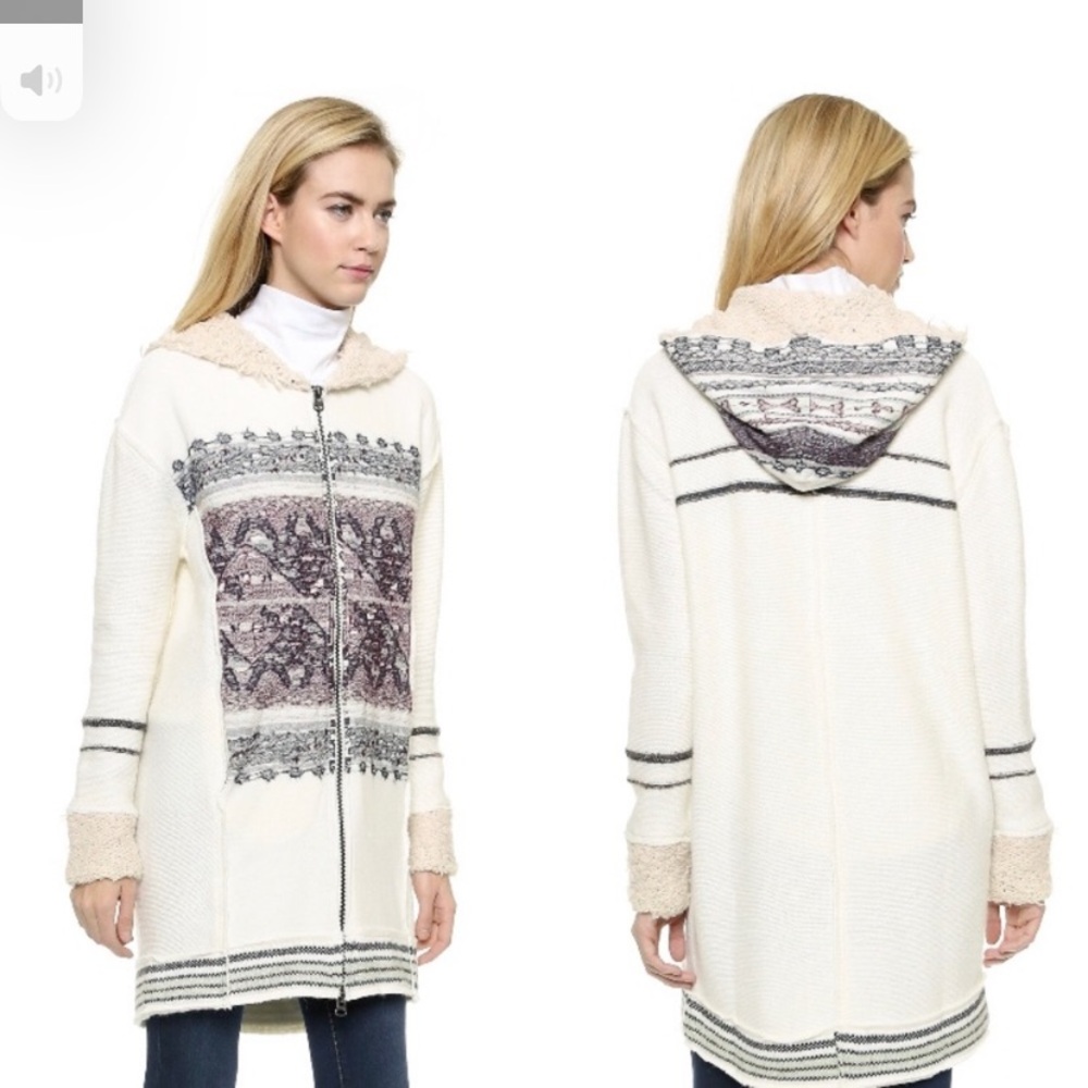 Free People Alpine Escape Ivory Comb Long Hooded Zip up Sweater Size L - Picture 2 of 11